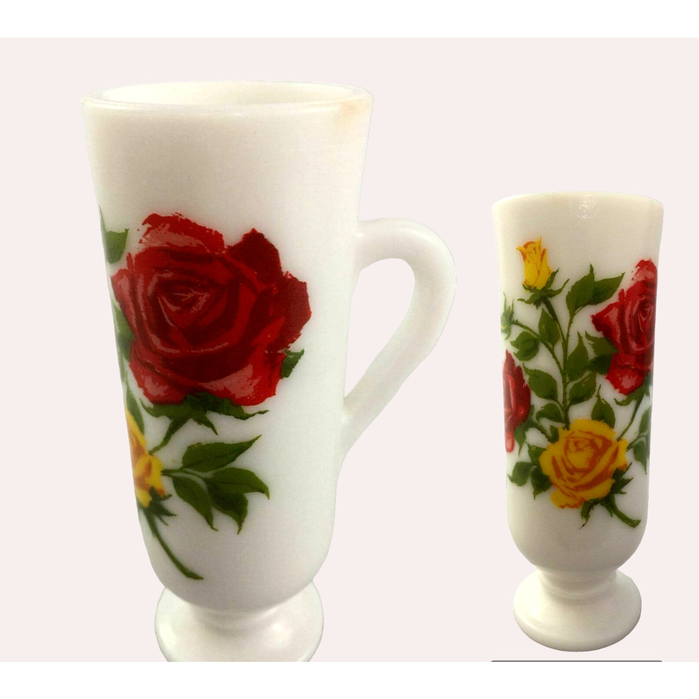 Avon Red Yellow Roses Flowers White Milk Glass Mug Handled Pedestal Bud Vase